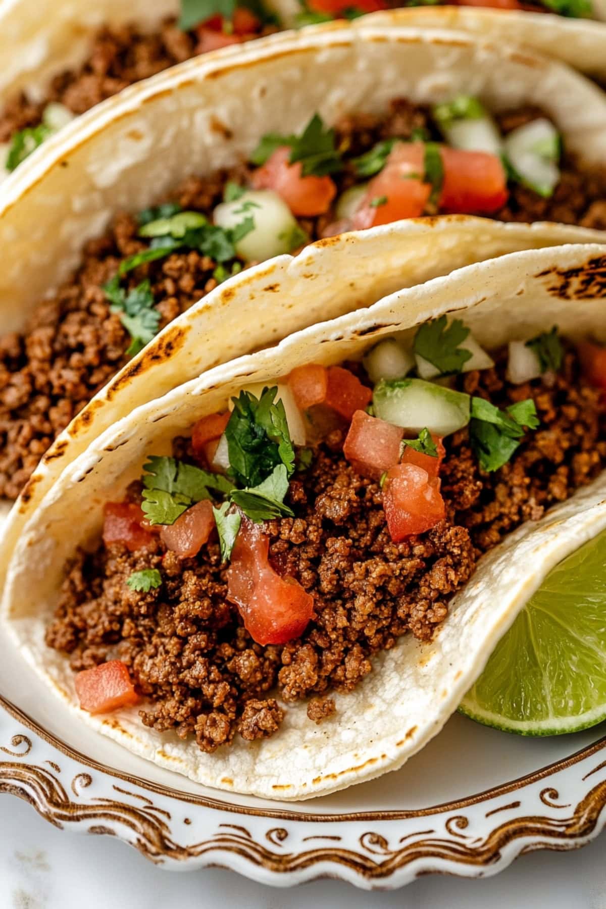 Ground beef tacos in tortillas garnished with chopped tomatoes served on a plate.