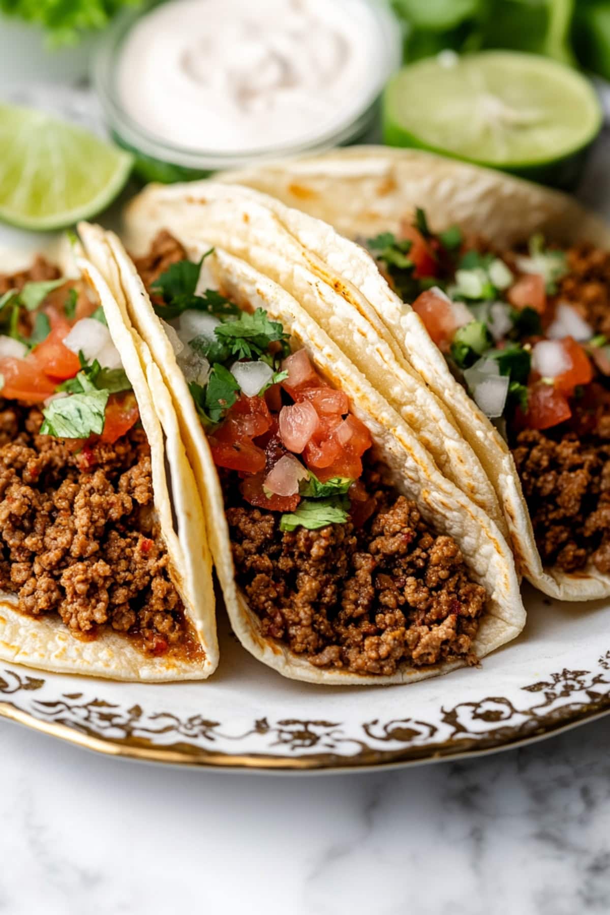 Ground beef tacos served in a flour tortillas with pico de gallo.