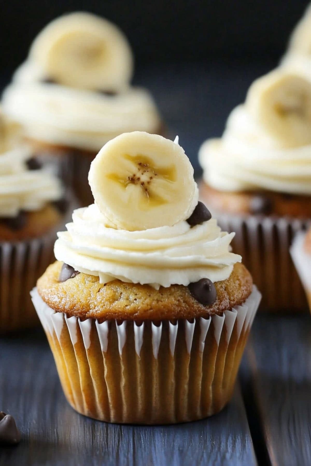 Banana chocolate chip cupcakes with smooth and rich cream cheese frosting.