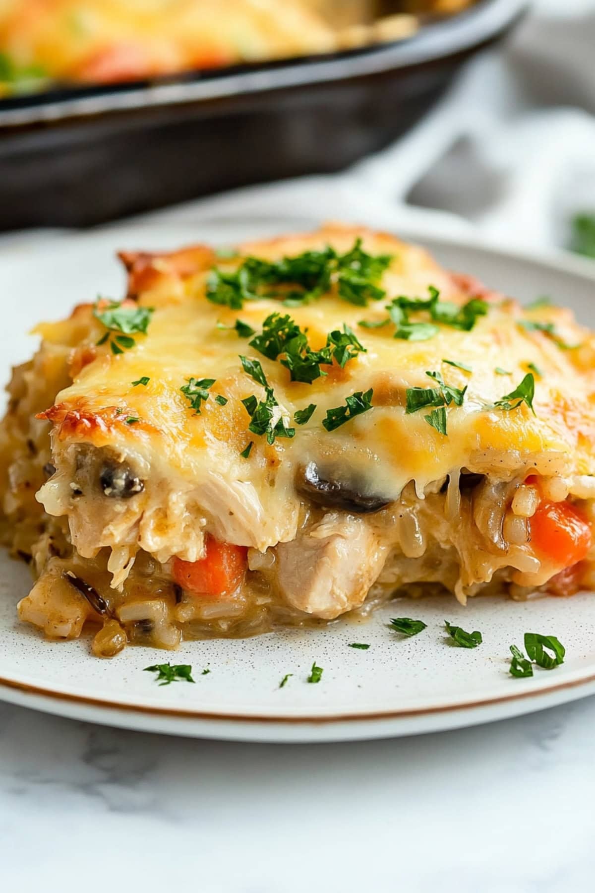 Creamy and cheesy chicken wildrice casserole in a plate.