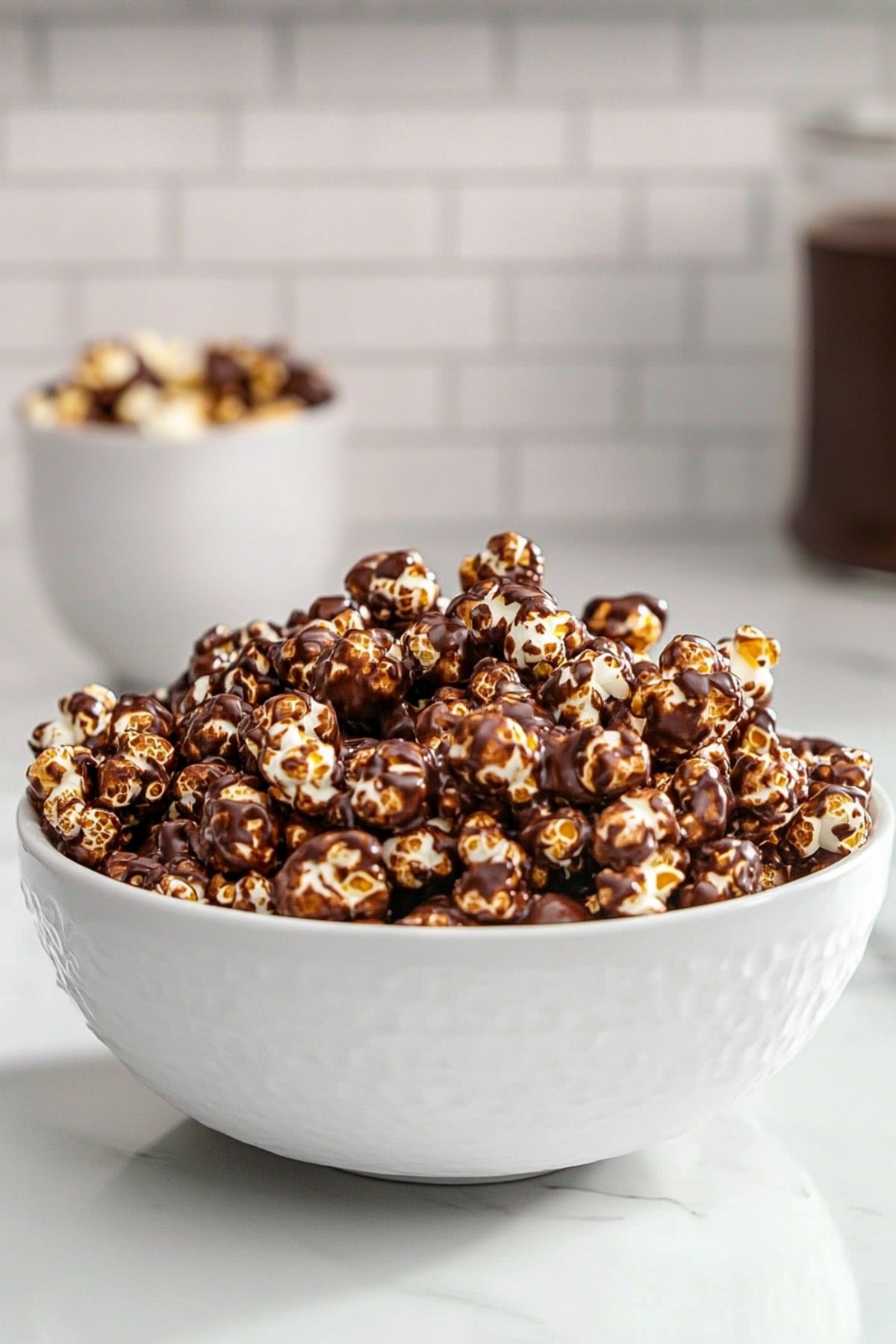 A bowl of homemade chocolate-covered popcorn.