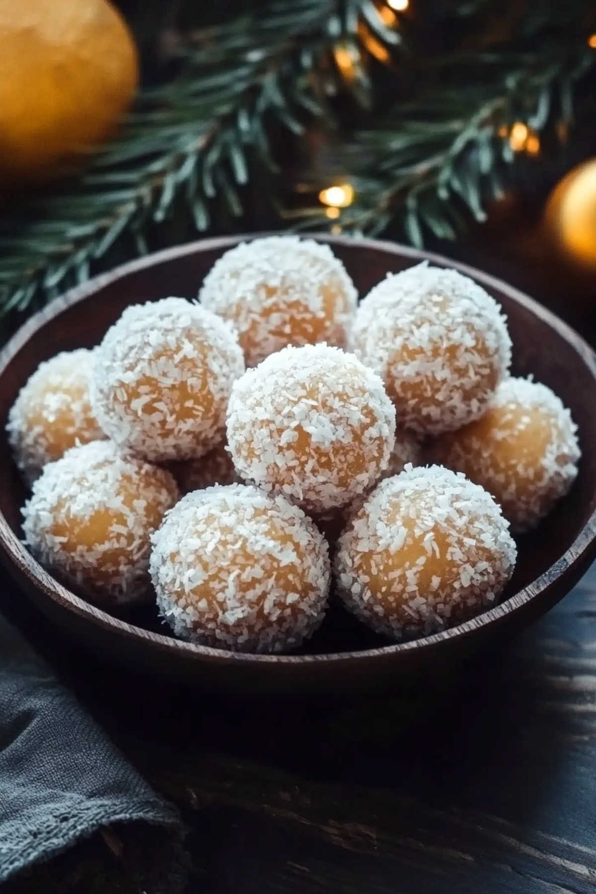 Creamy pineapple christmas balls with shredded coconut.