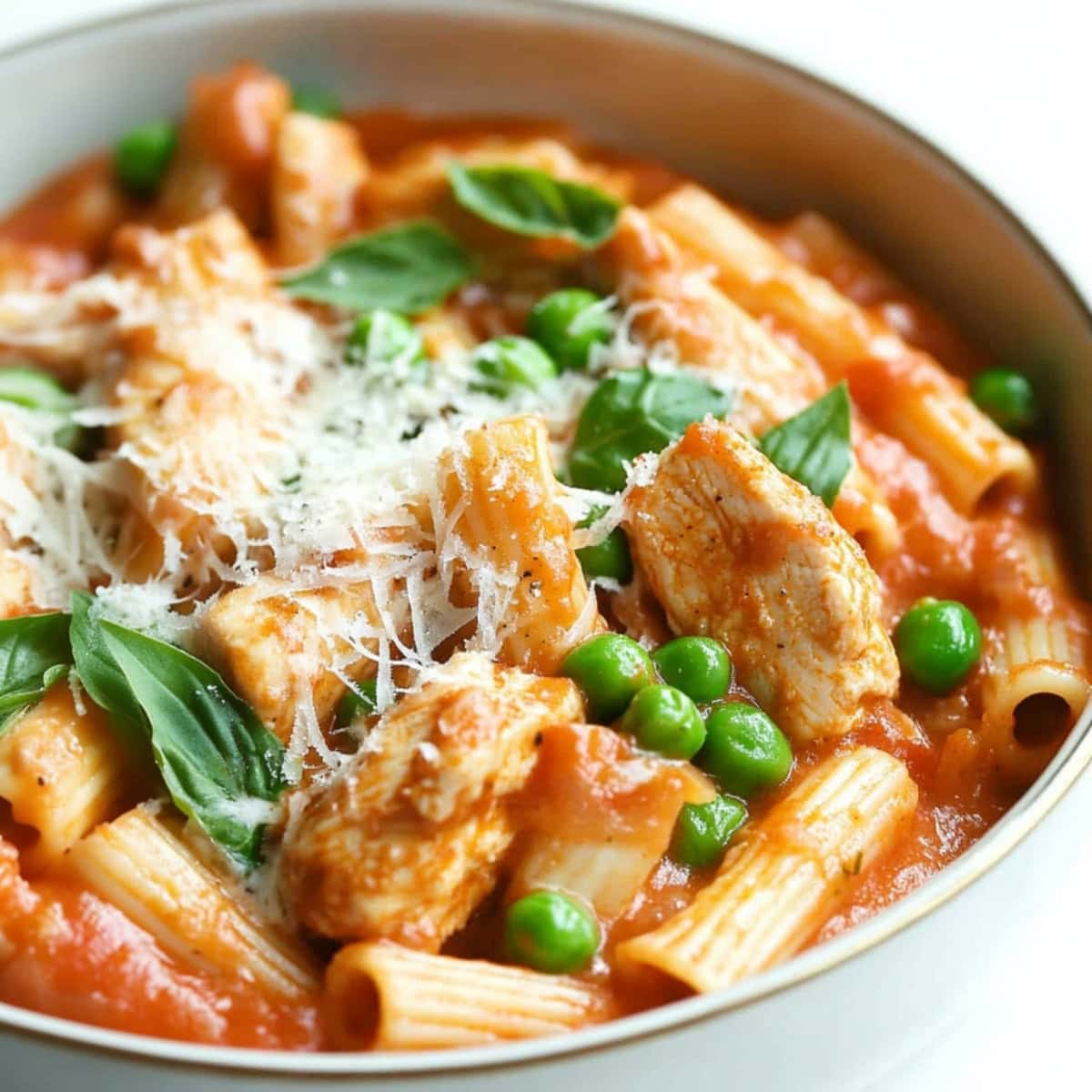 Chicken rigatoni with spicy sauce and green peas, served in a bowl.