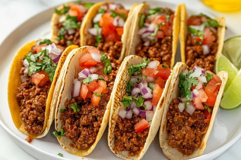 Leftover sloppy joe tacos with juicy ground beef and salsa, garnished with parsley.