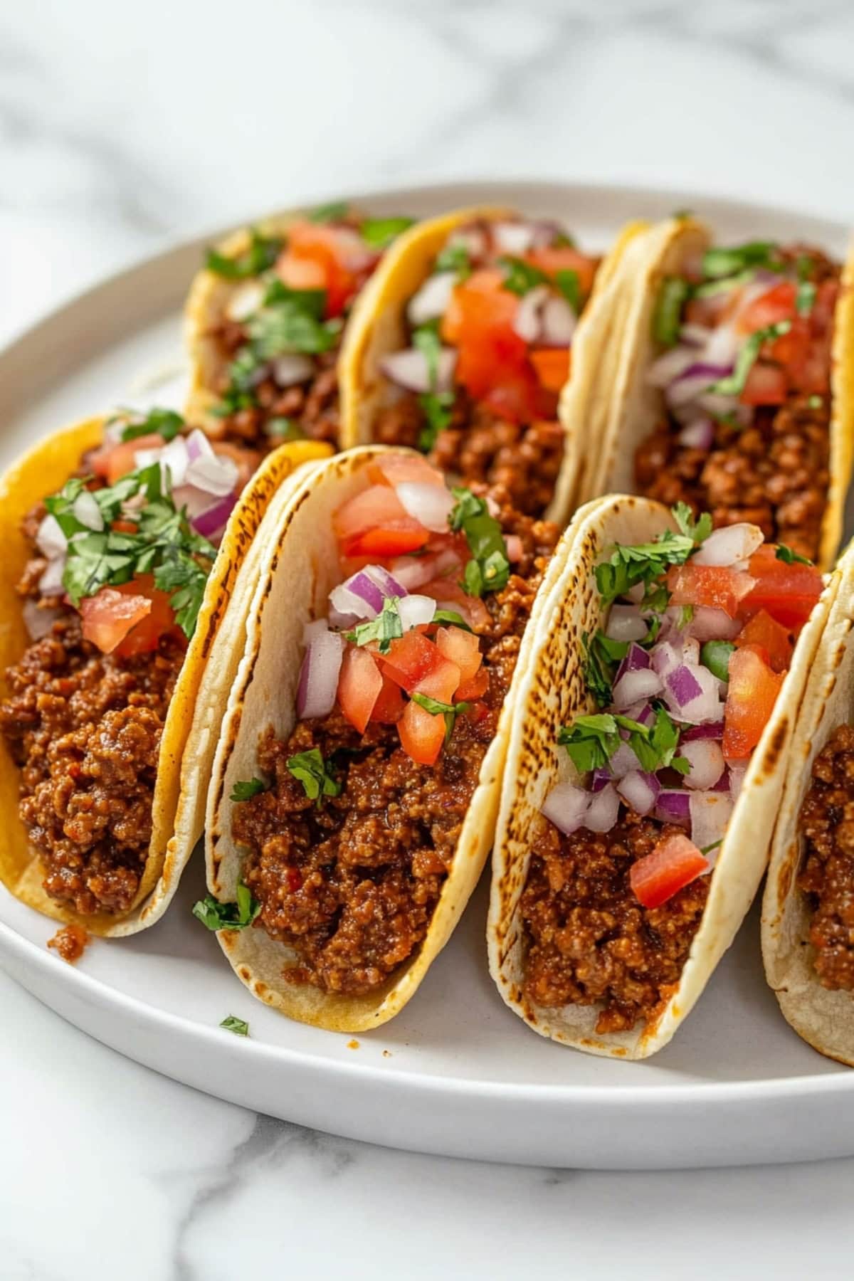 A plate of leftover sloppy joe tacos with onions and tomatoes, garnished with parsley.