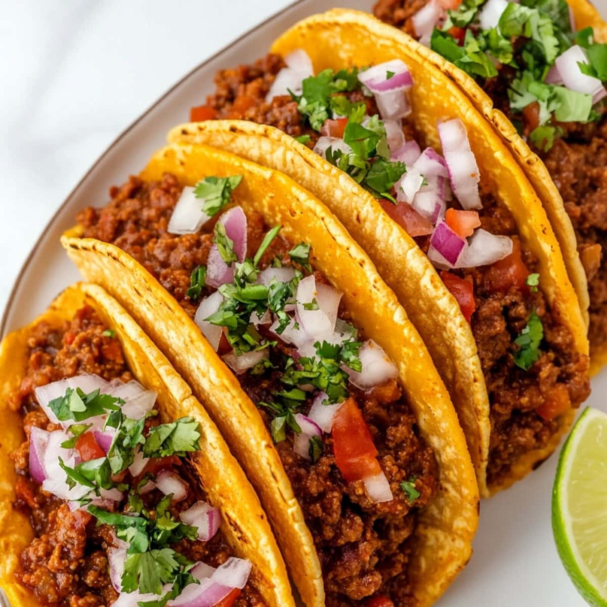 Sloppy joe tacos with rich, savory beef spilling out from the taco shells, garnished with onions, tomatoes and parsley.