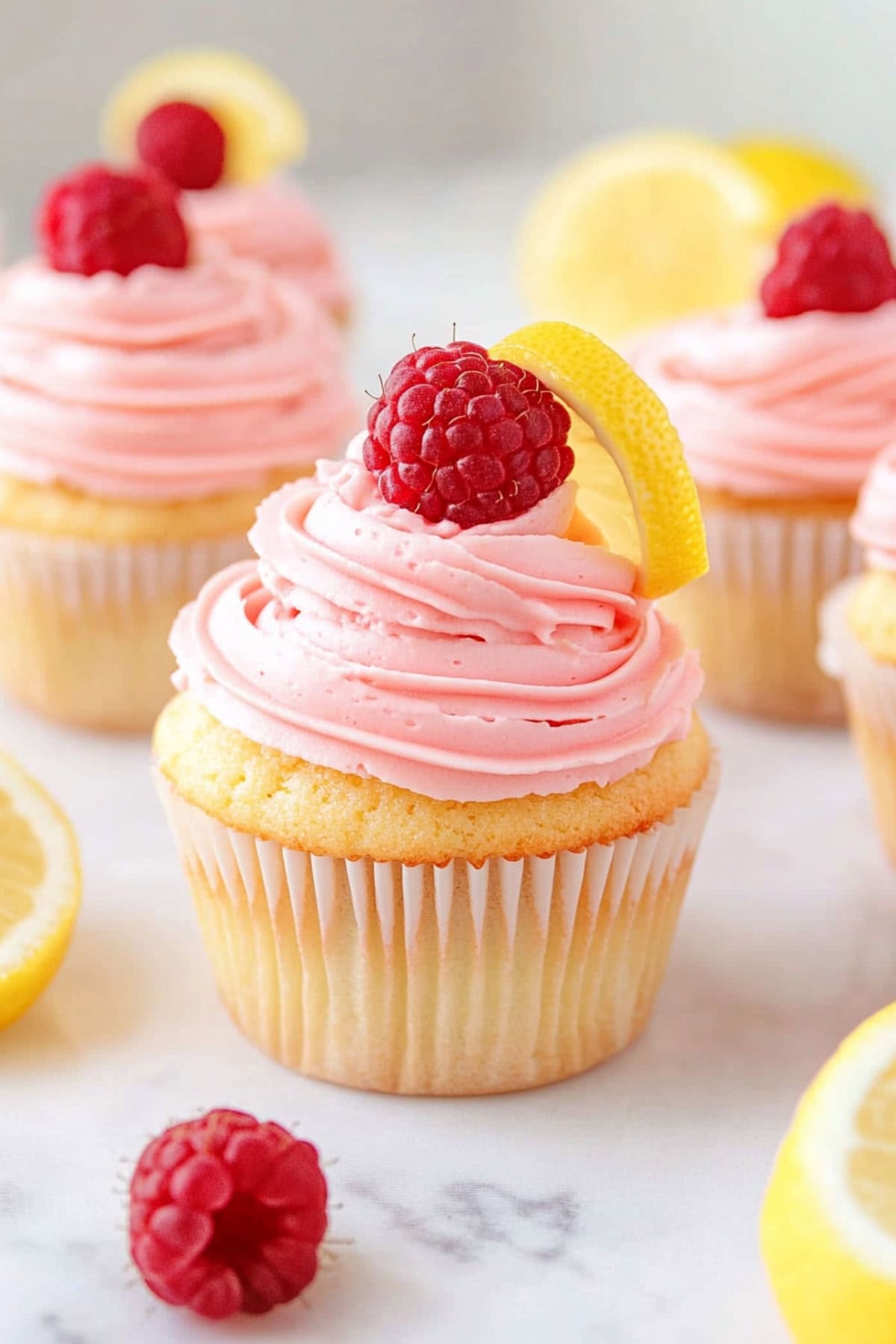 Lemon cupcakes with frosting and raspberry garnish on top. 