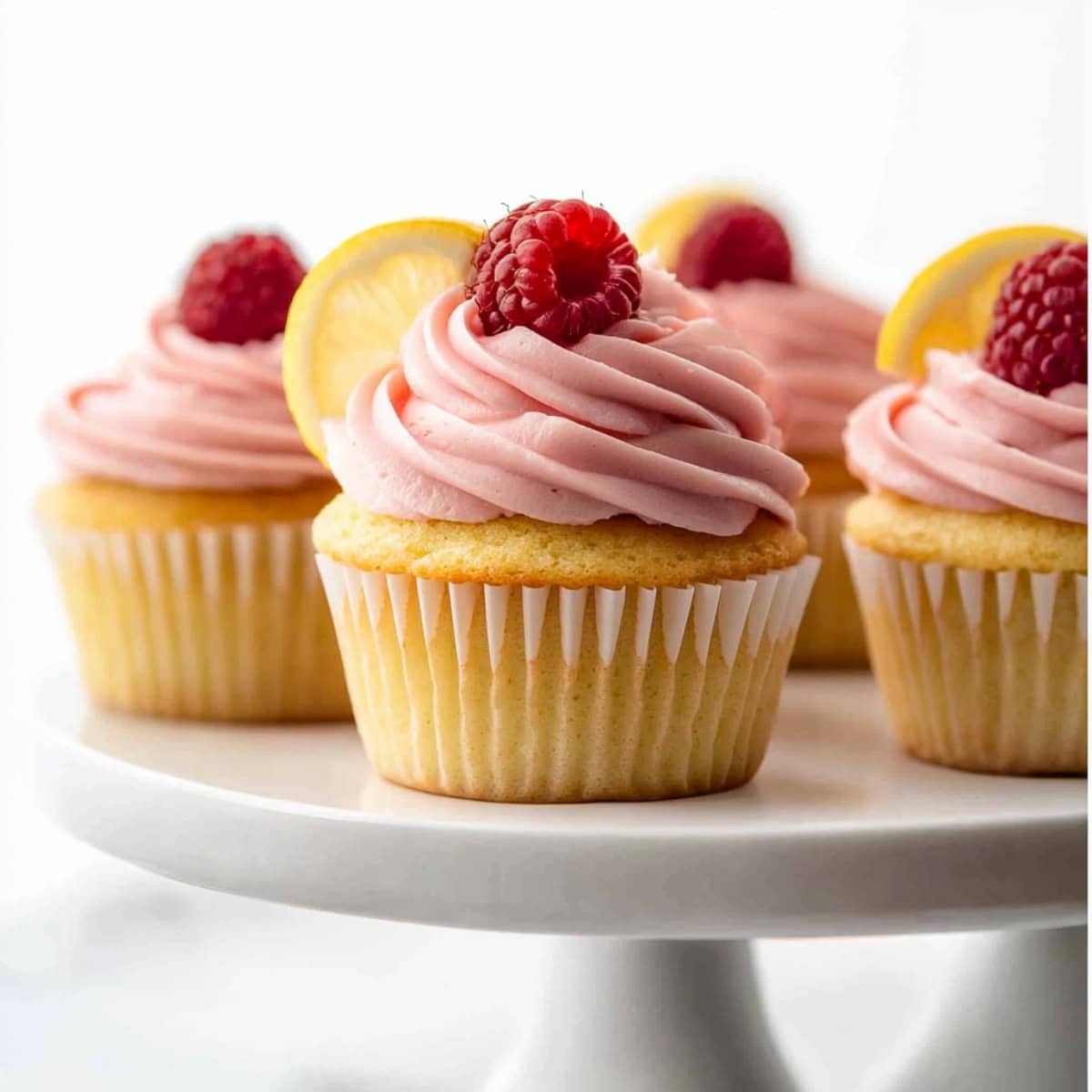 Bunch of lemon raspberry cupcake with frosting garnished with fresh raspberries and lemon wheel sitting on a cake tray.