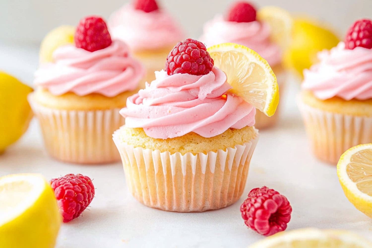 Bunch of lemon raspberry cupcakes with frosting and fresh raspberry and lemon wheel garnish.