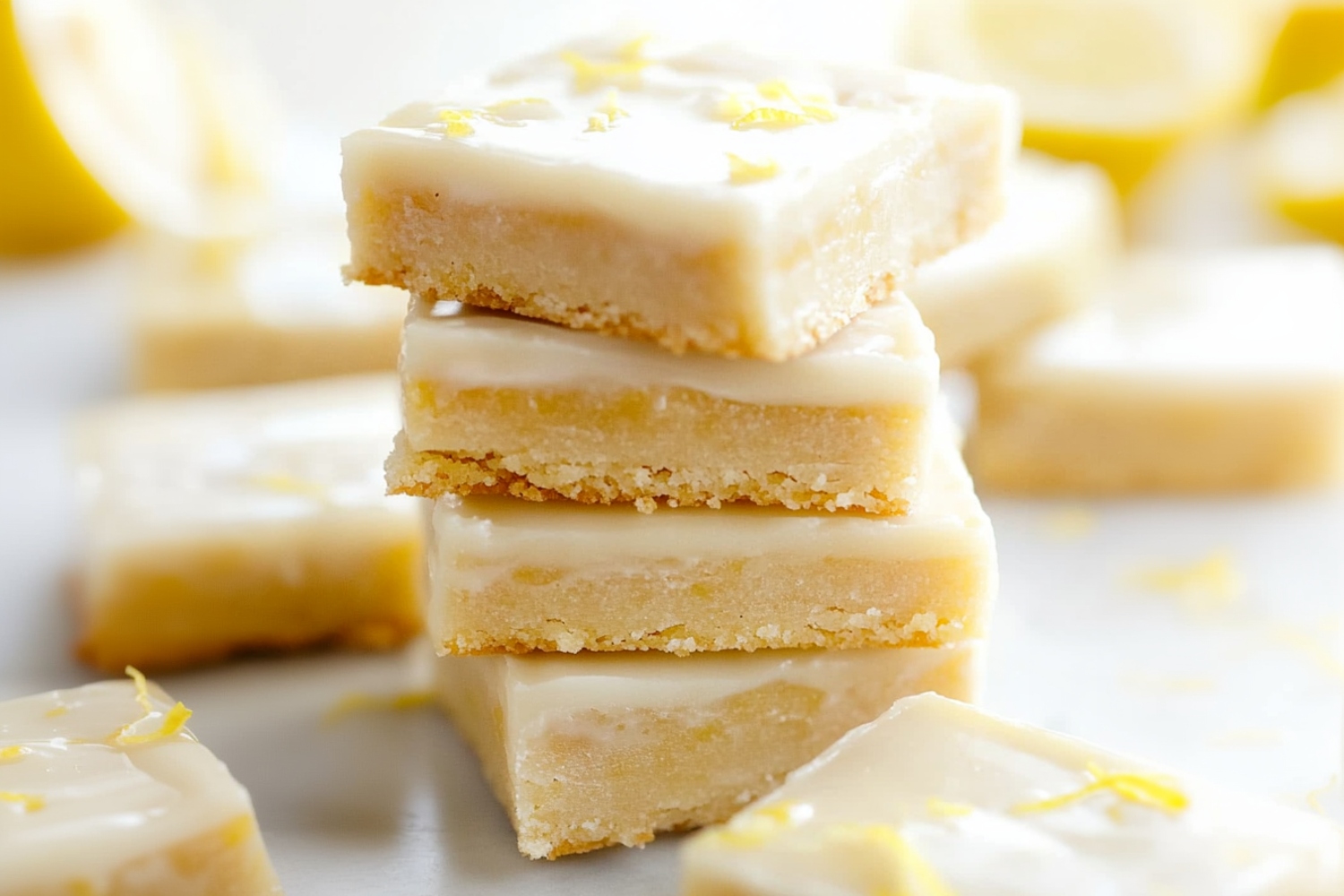 A stack of lemon sugar cookie bars on a white marble table.