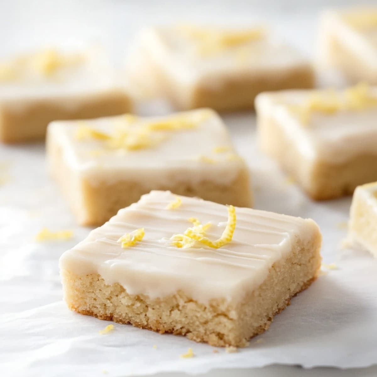 A single lemon sugar cookie bar in a parchment paper.