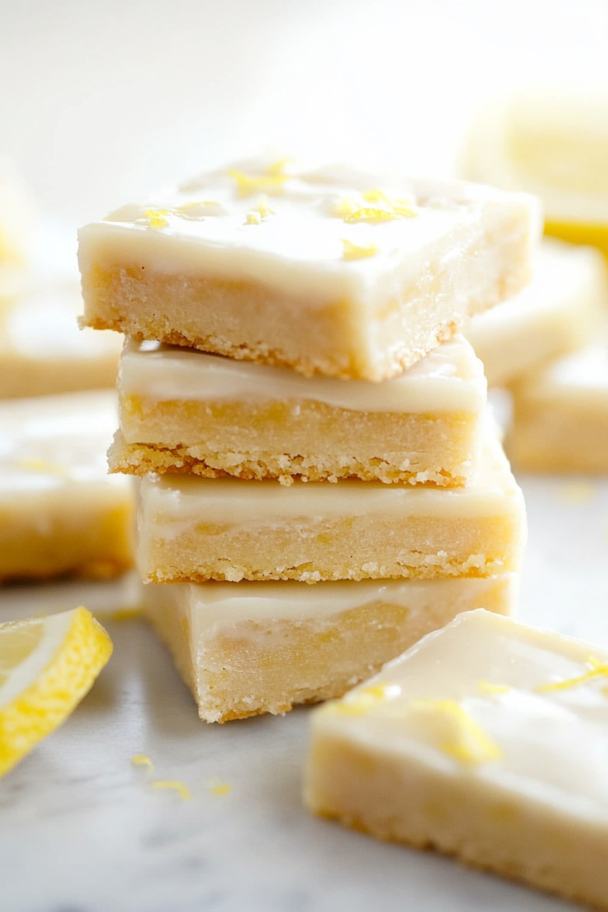 A stack of lemon cookie bars with zest on a white marble table.