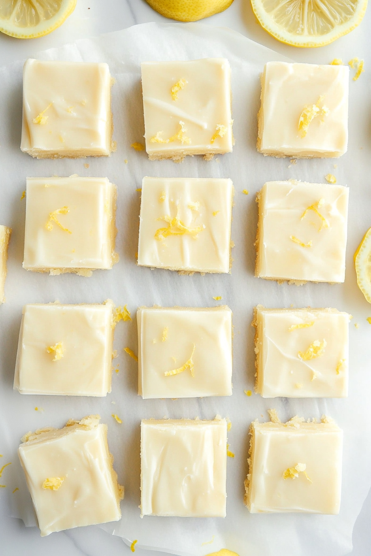 An overhead view of soft and chewy lemon sugar cookie bars.