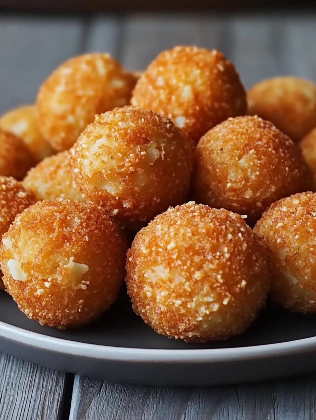 Bunch of crispy loaded mashed potato bites served in gray plate.