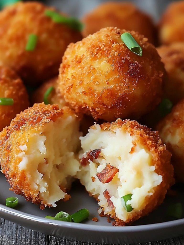 A piece of loaded mashed potato bites broken into half served with other bunch of the potato bites in a white plate.