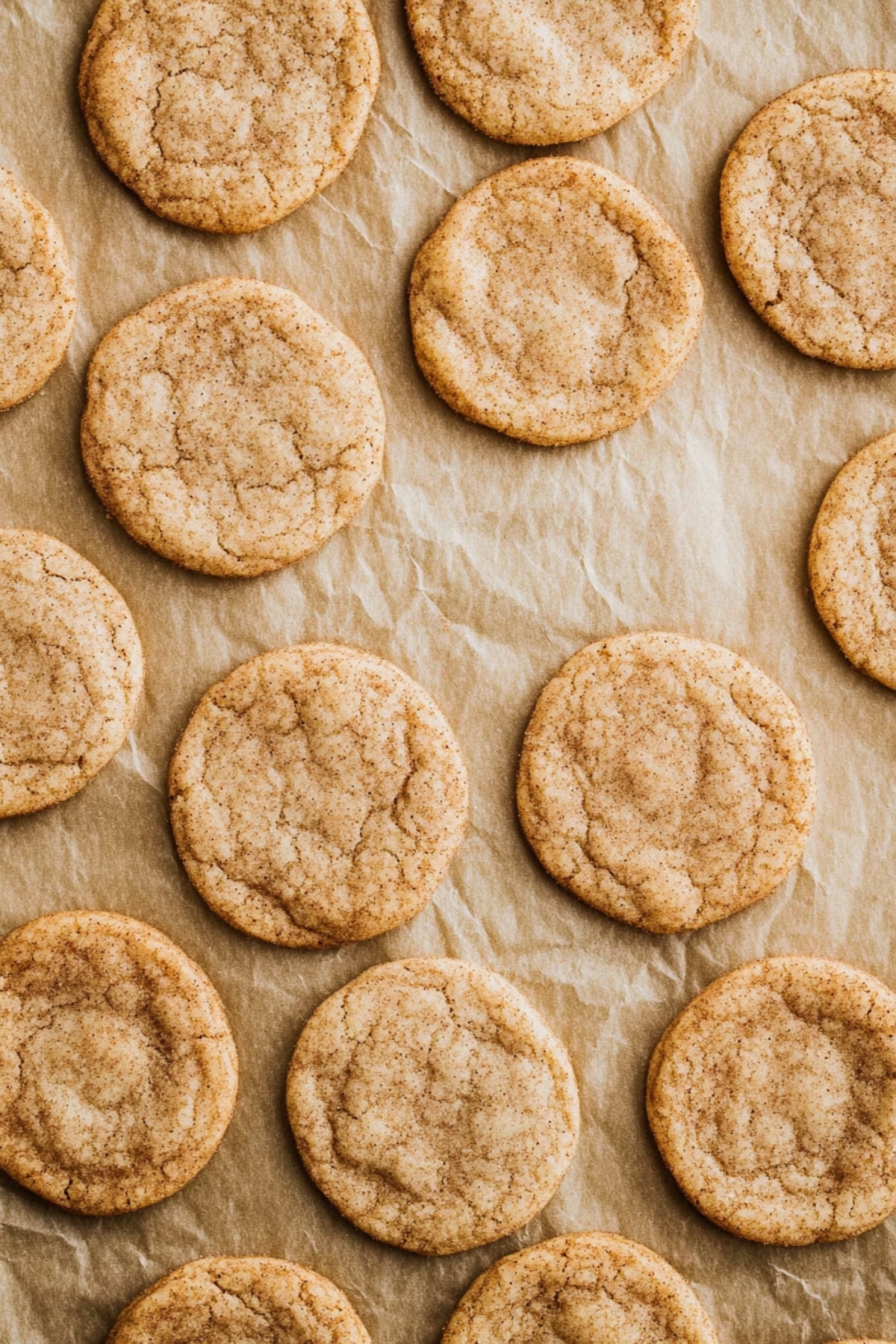 A batch of freshly baked maple snickerdoodles, golden brown with a light dusting of cinnamon sugar.