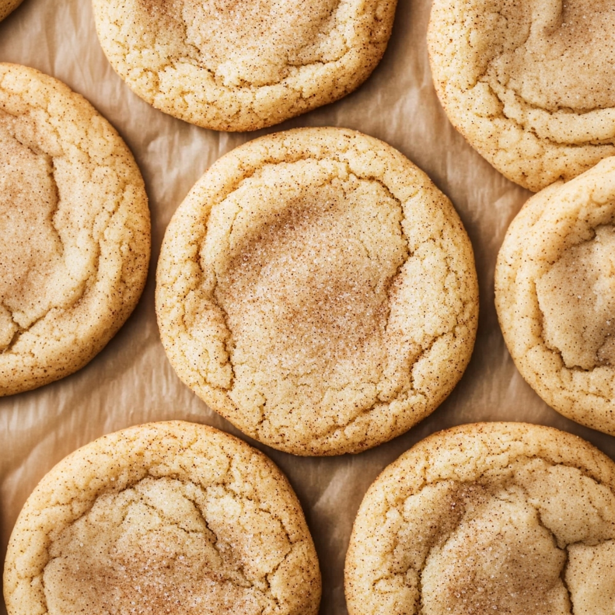 An overhead view of maple snickerdoodles on parchment paper.