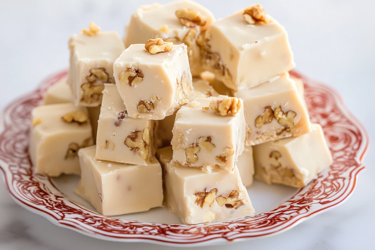 A serving of maple walnut fudge, cut into squares, with a smooth and velvety texture, sitting in a plate.