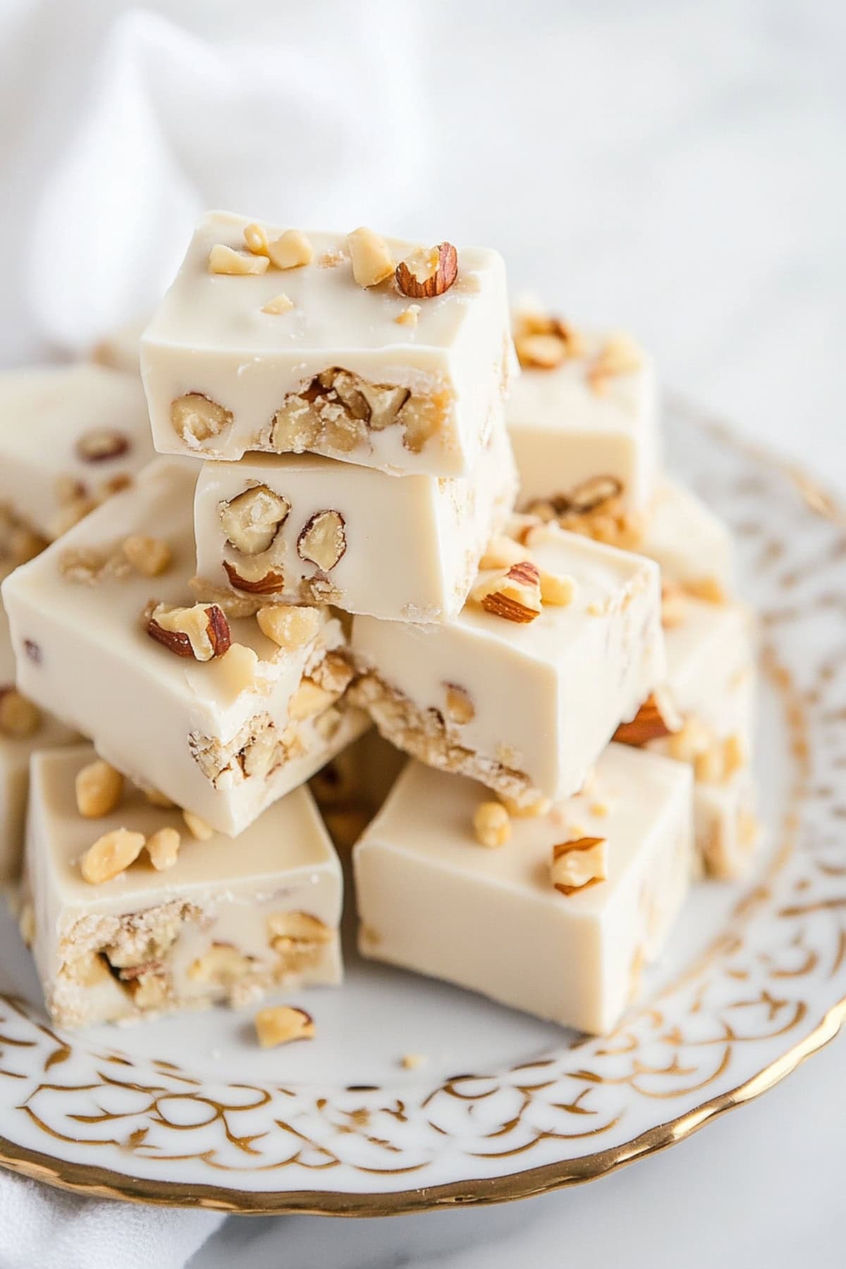 Creamy fudge squares with chopped walnuts on a plate