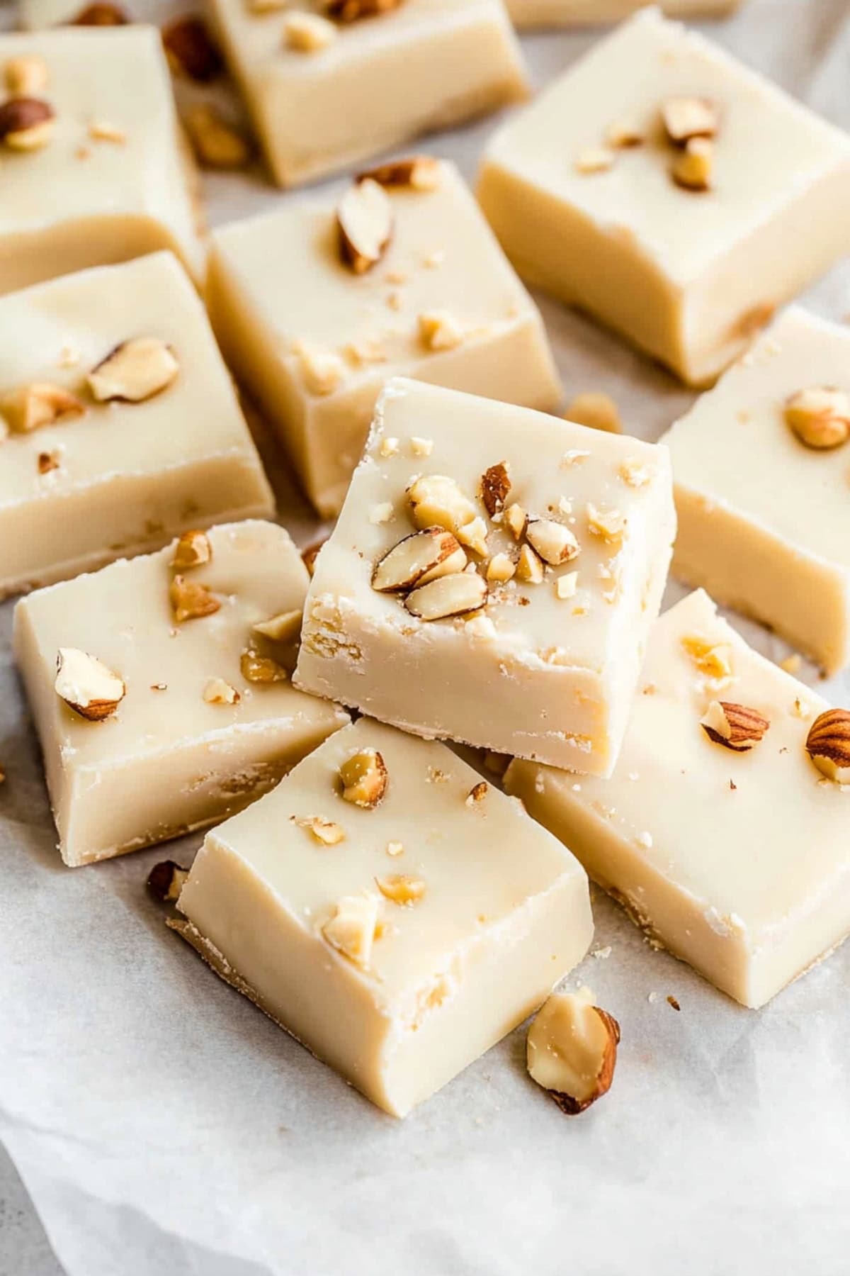 Rich and creamy homemade maple walnut fudge on parchment paper.