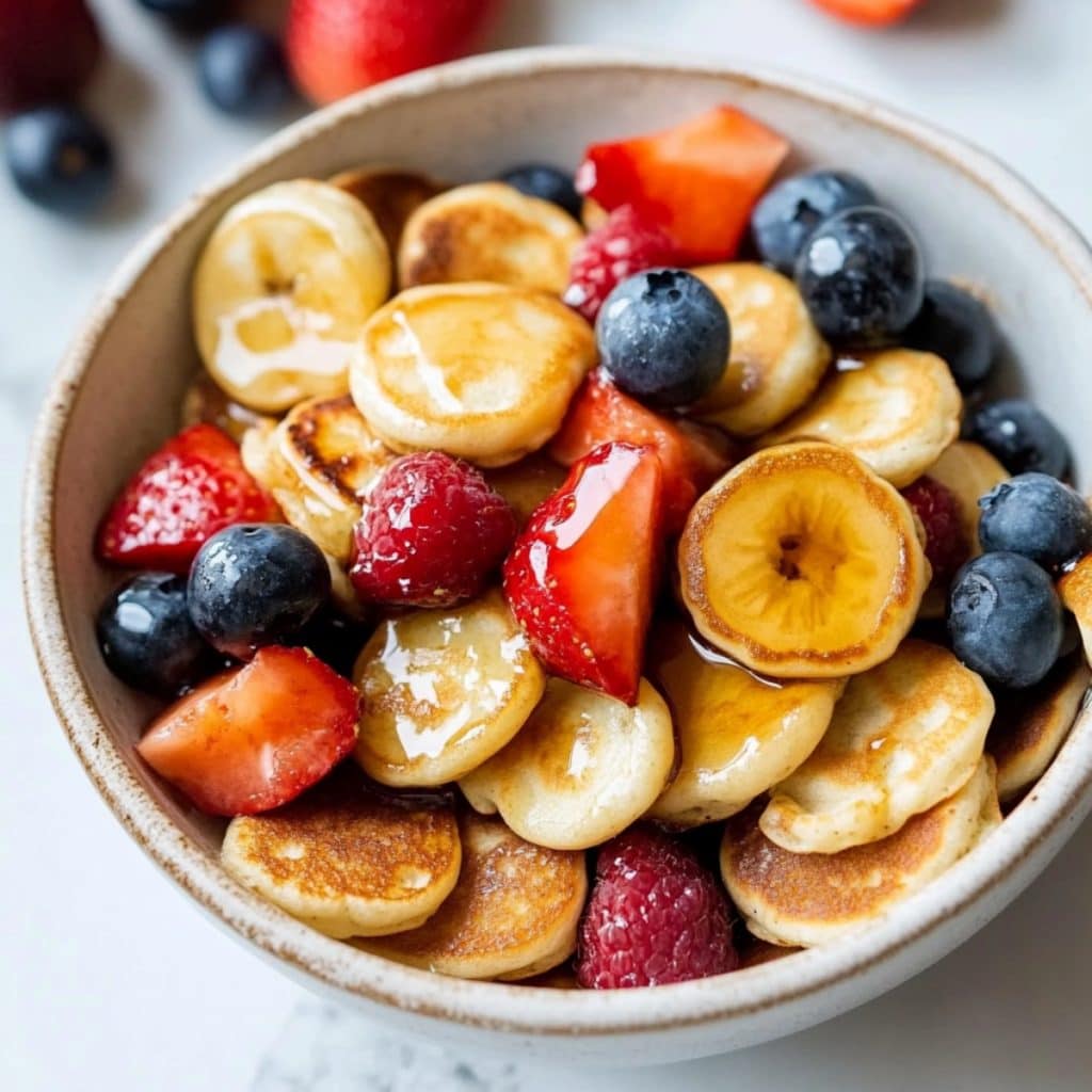 A bowl of mini pancake cereal with syrup with fresh strawberries, blueberries and bananas.