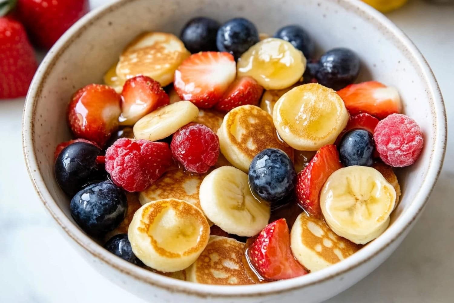 Tiktok viral mini pancake cereal with colorful berries and drizzled with syrup.