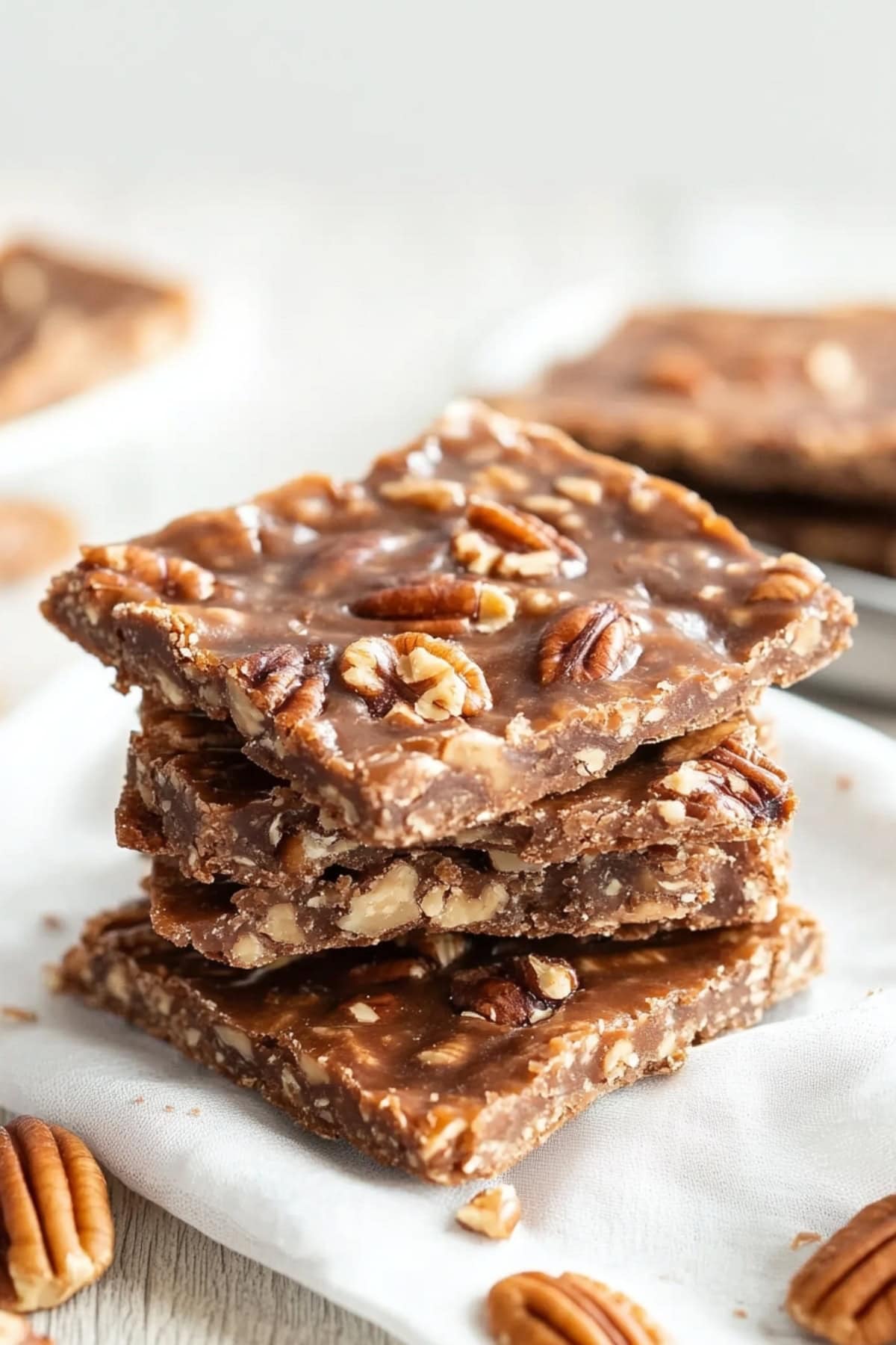 Square slices of pecan pie bark stacked on top of each other sitting on parchment paper.