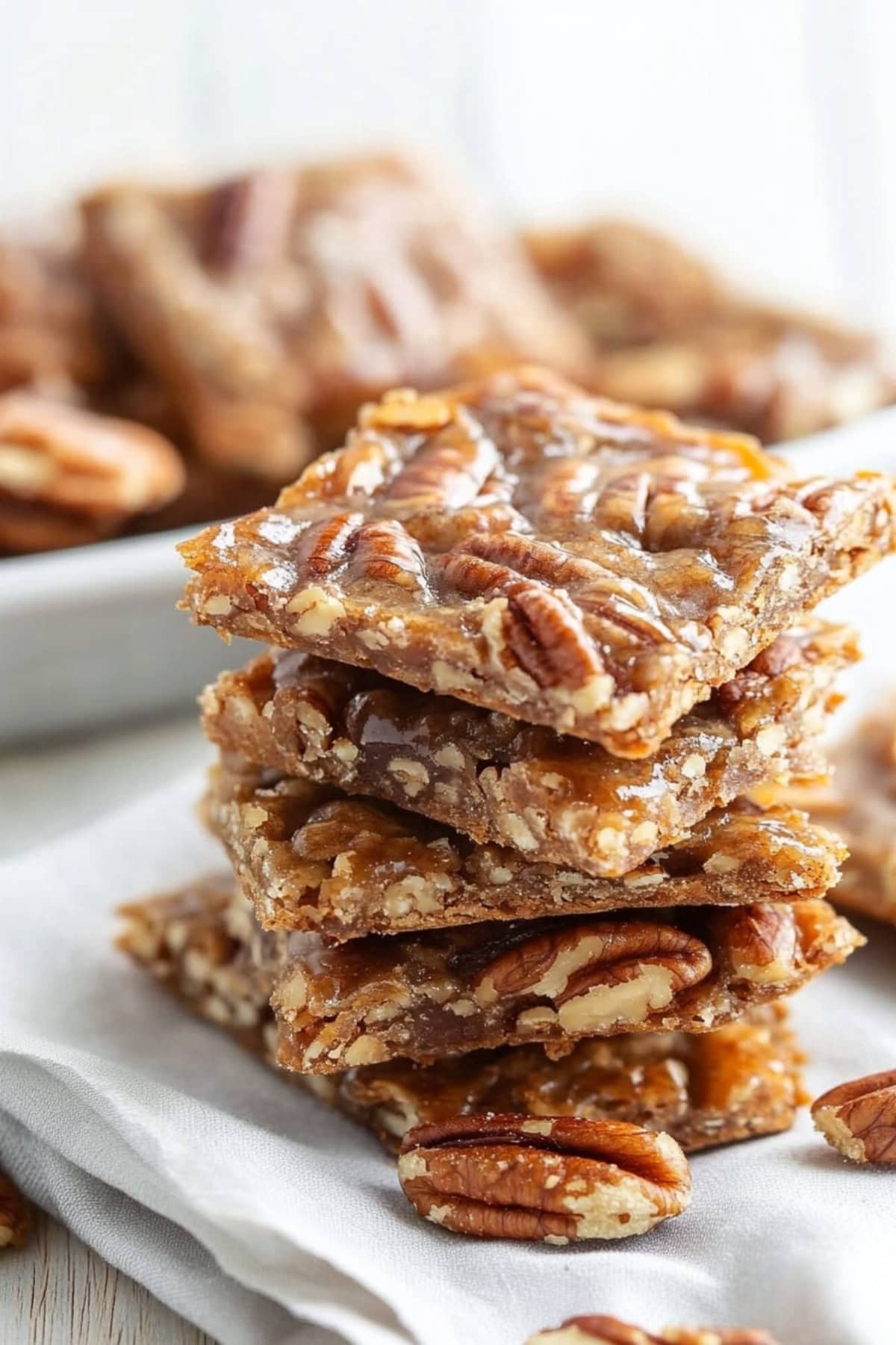 Pecan pie bark slices with chopped pecans sitting on top of white linen cloth.