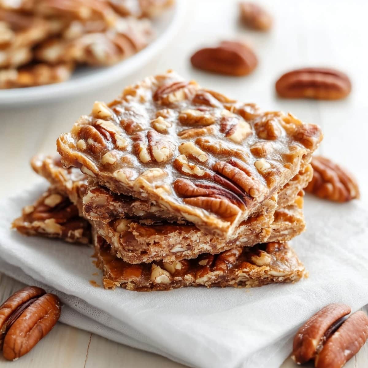 Pecan pie bark stacked on a table