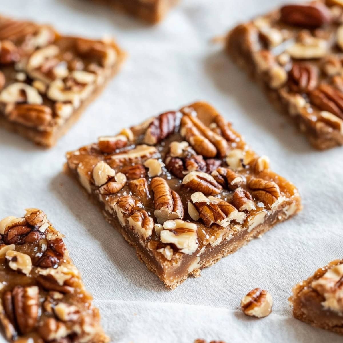 Square slices of pecan pie bark on a white linen cloth.