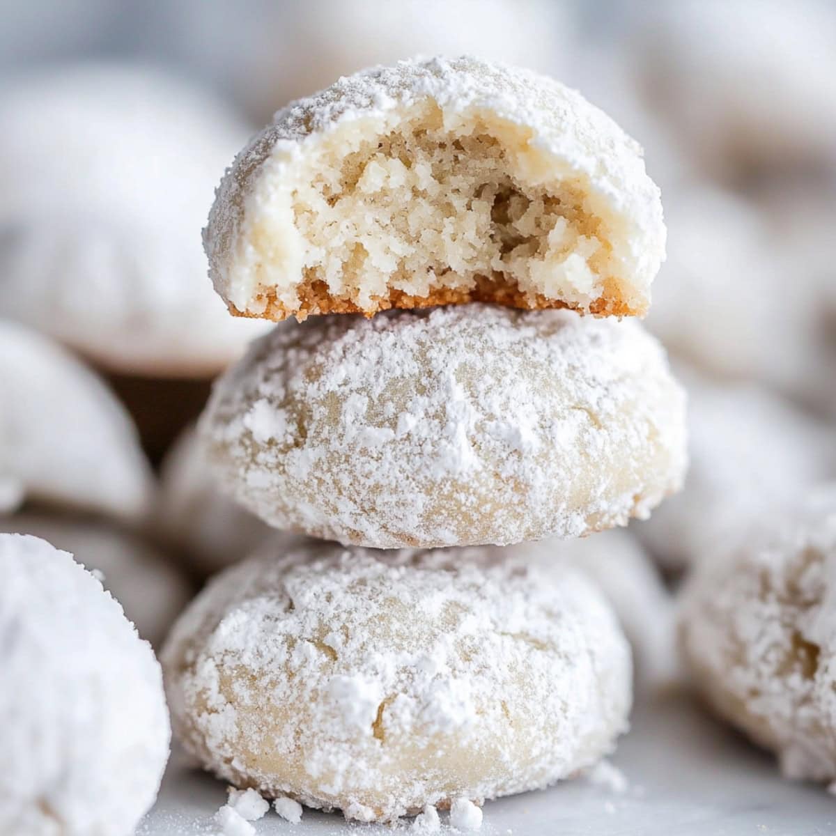 Powdered sugar coated round cookies stacked on top of each other with the rest of the cookies.