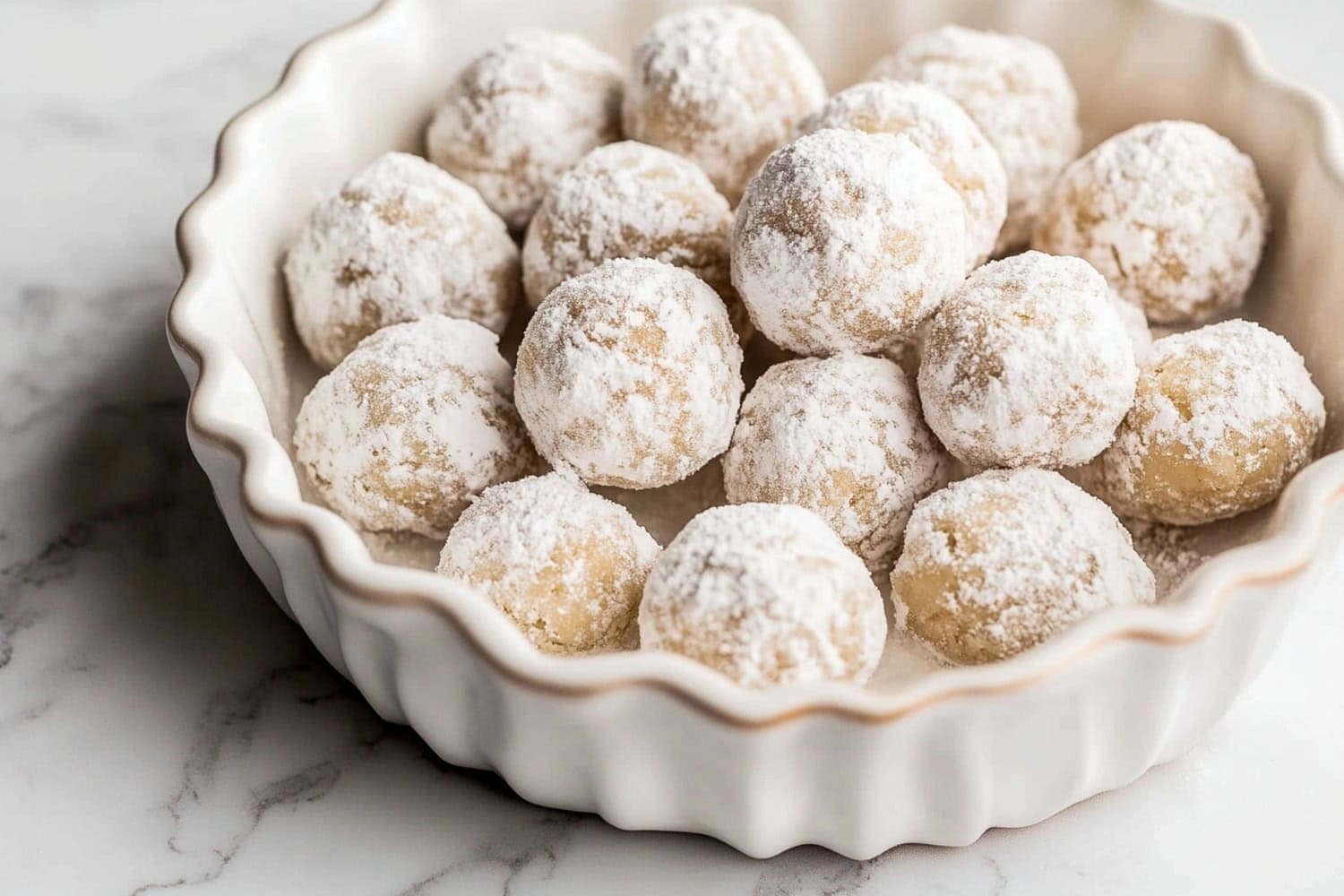 Bunch of pecan snowball cookies in a white bowl.