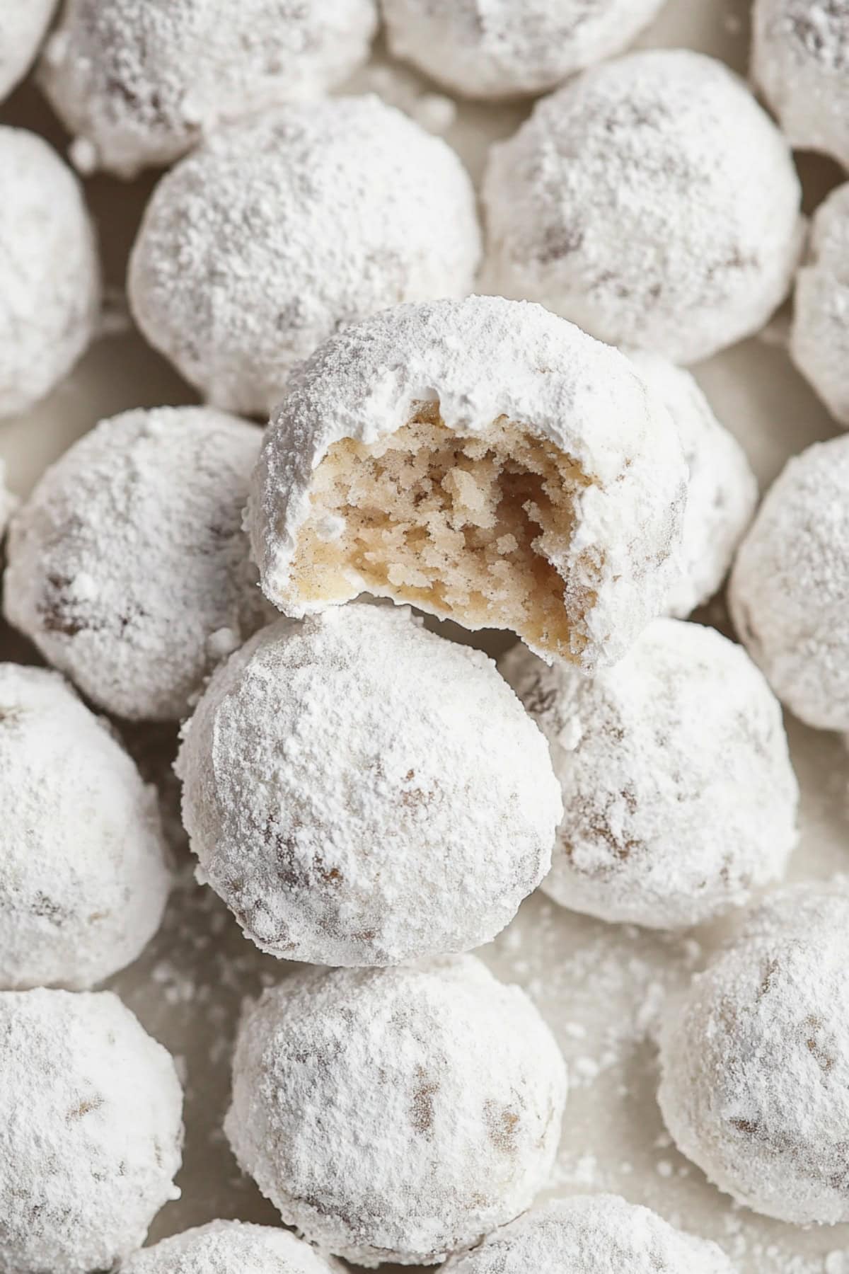 Bunch of cookie balls coated with powdered sugar. 