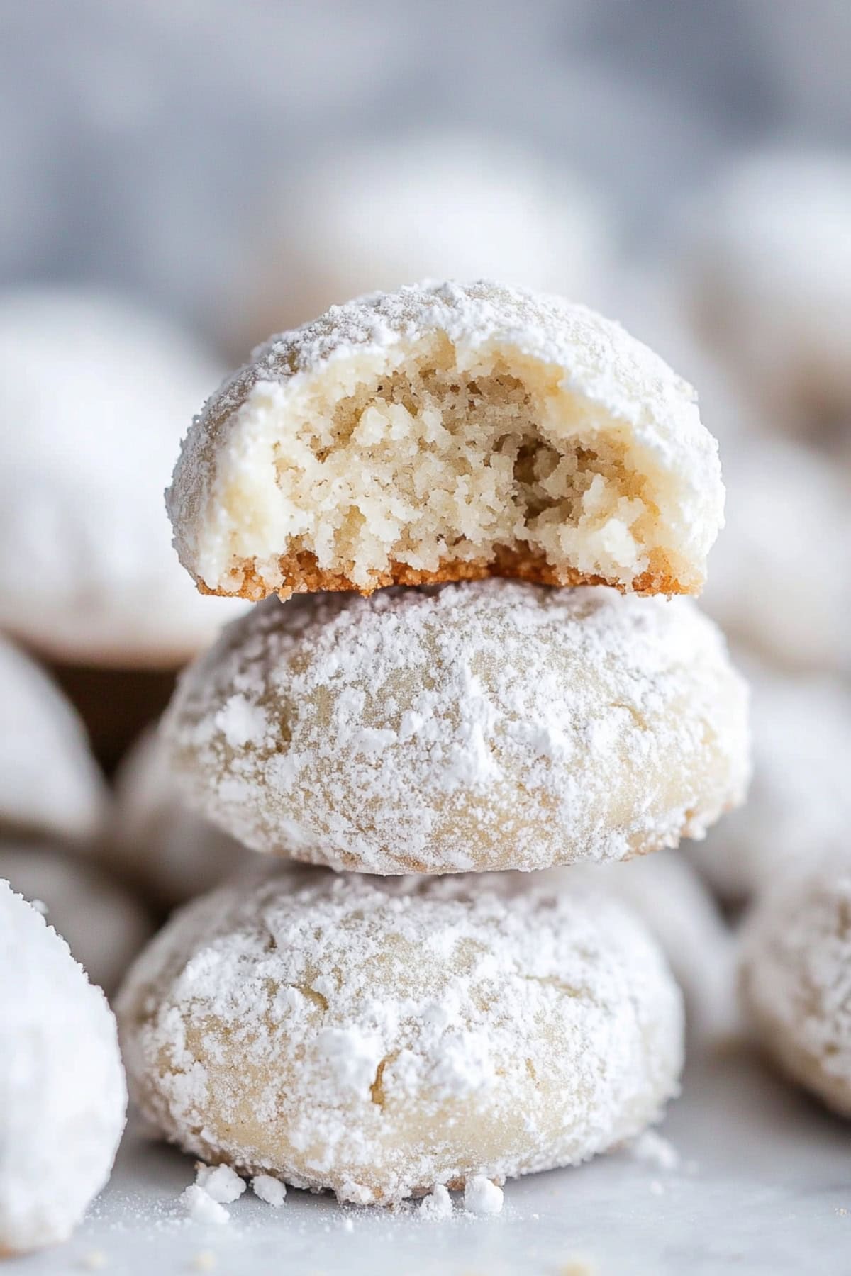 Bitten piece of pecan snowball cookie arranged in stack.