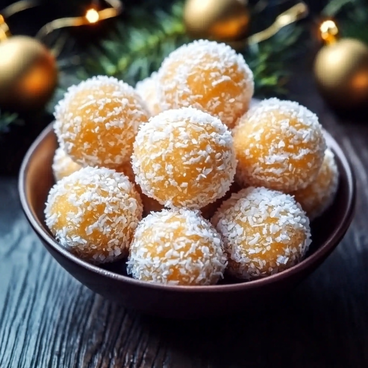 A bowl of pineapple christmas balls with shredded coconut.