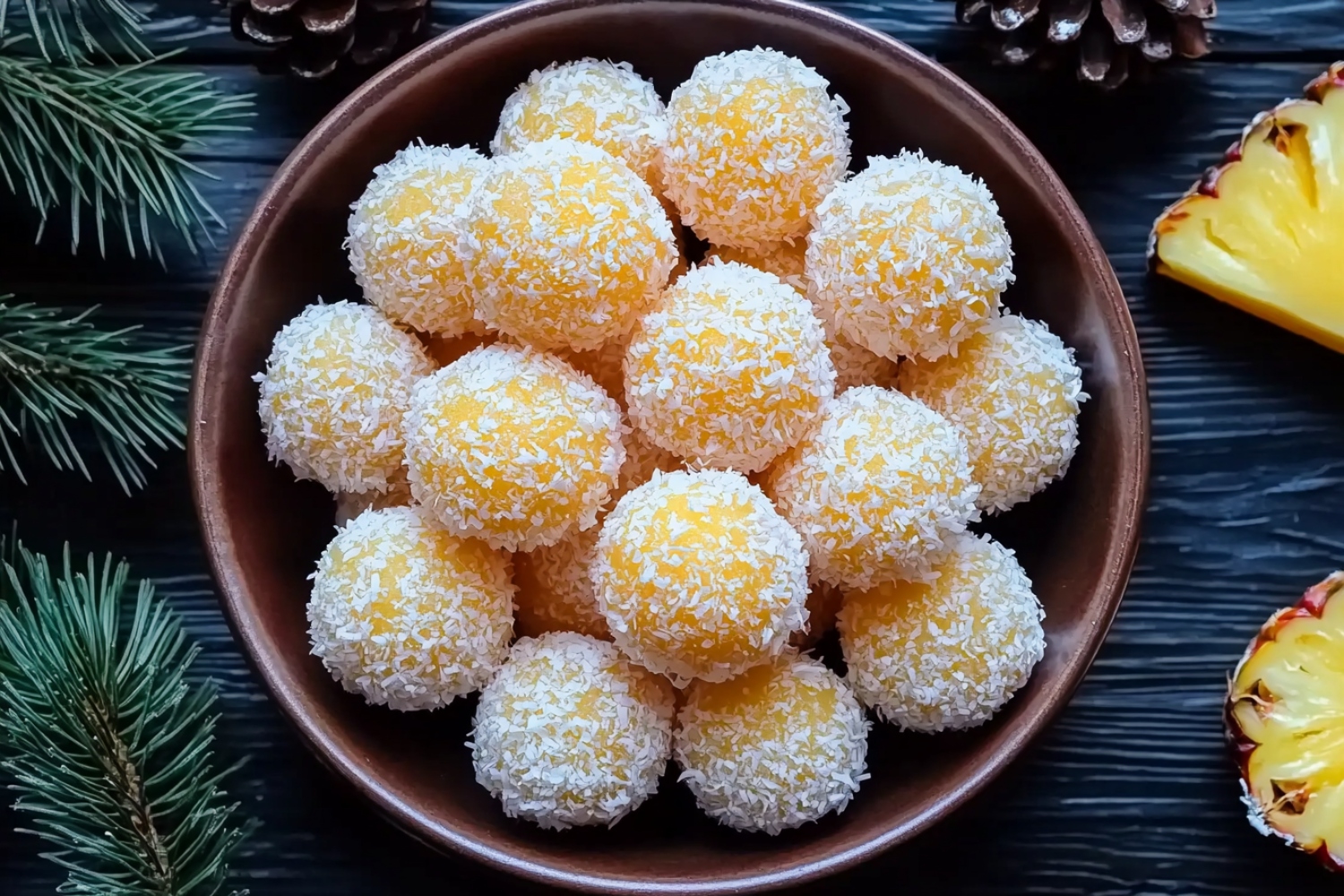 Tropical homemade pineapple christmas balls in a bowl.