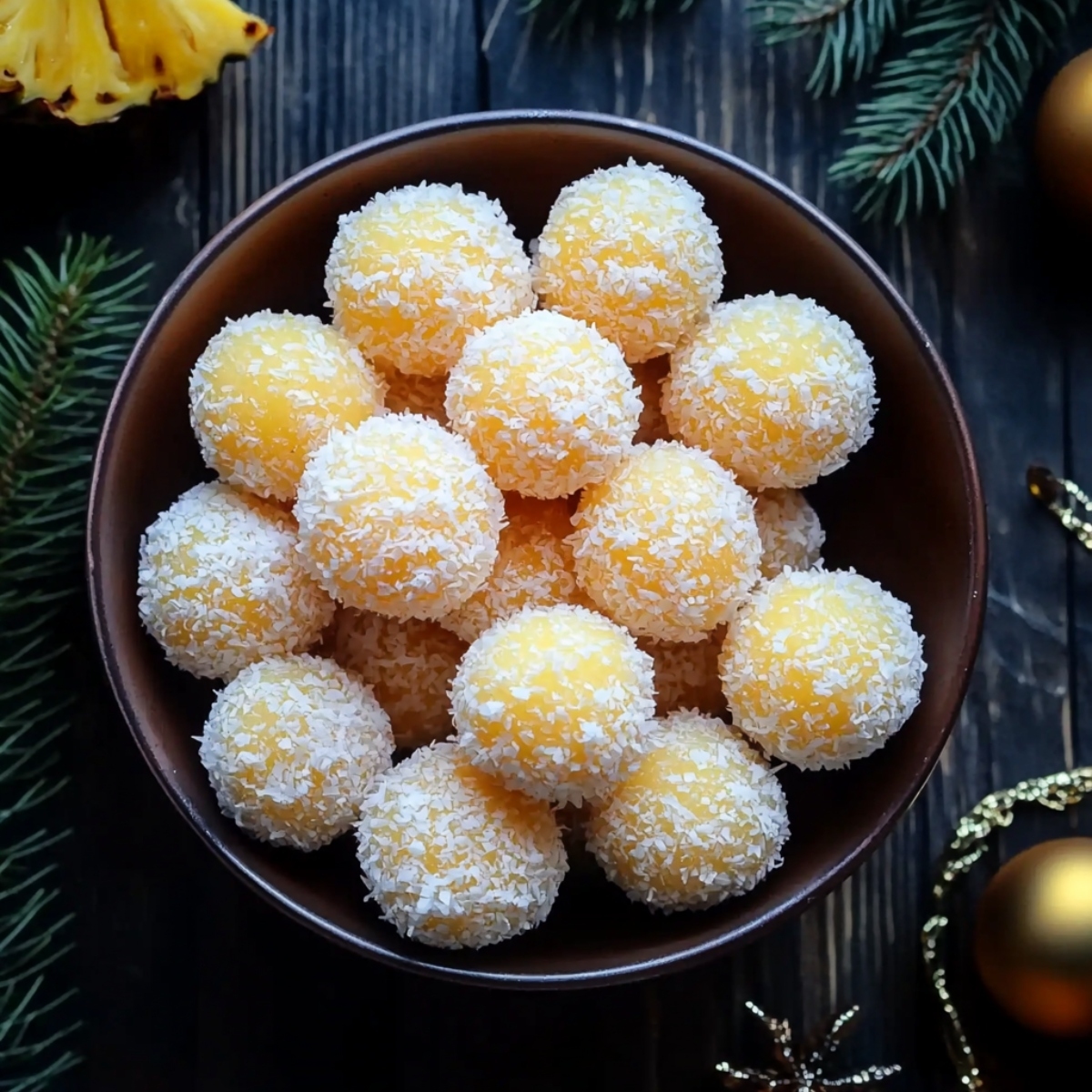 Pineapple christmas balls with cream cheese coated with shredded coconut.