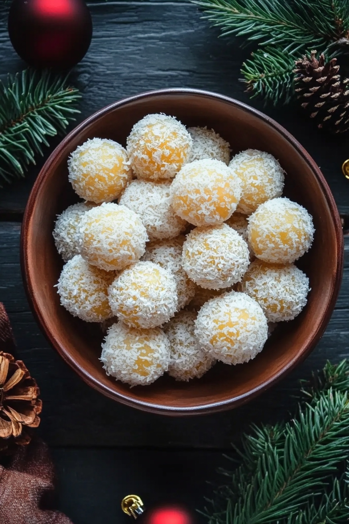 An overhead view of pineapple christmas balls in a wooden bowl.