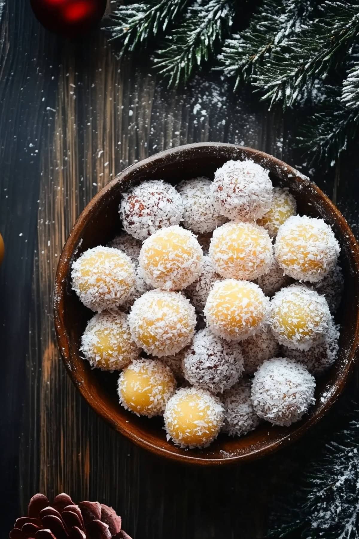 A batch of pineapple christmas balls with shredded coconut served in a plate. 