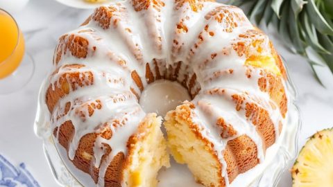 Slice missing pineapple pound cake drizzled with sugar glaze on top served on a white plate.