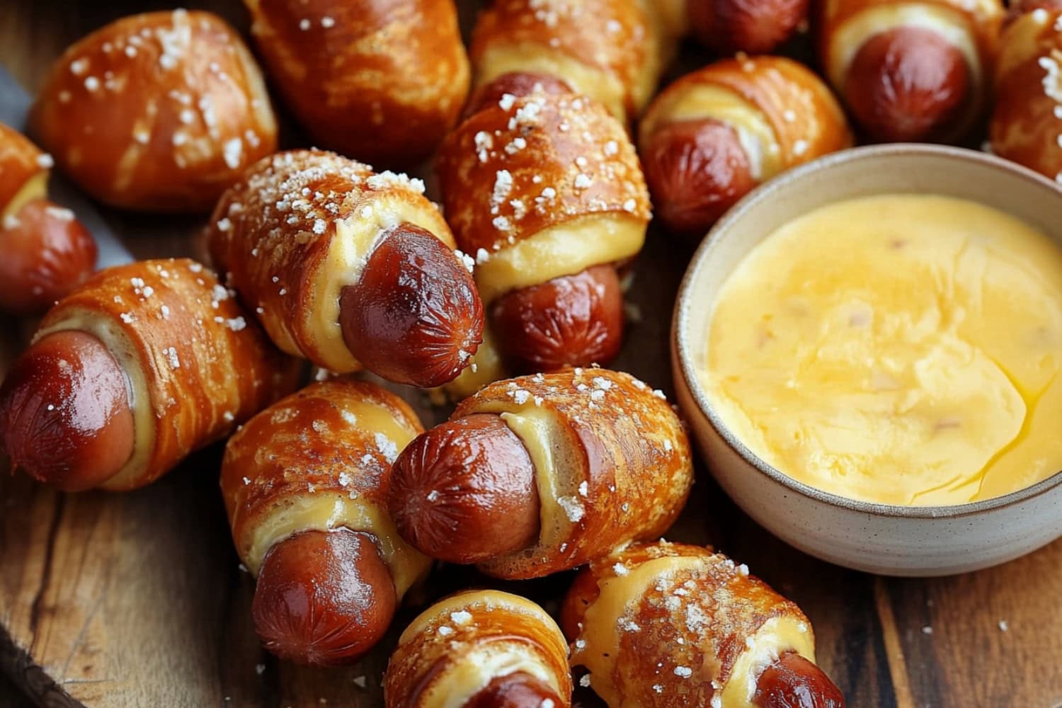 Bunch of pretzels pig in a blanket served with ranch dressing in a small dish on the side.