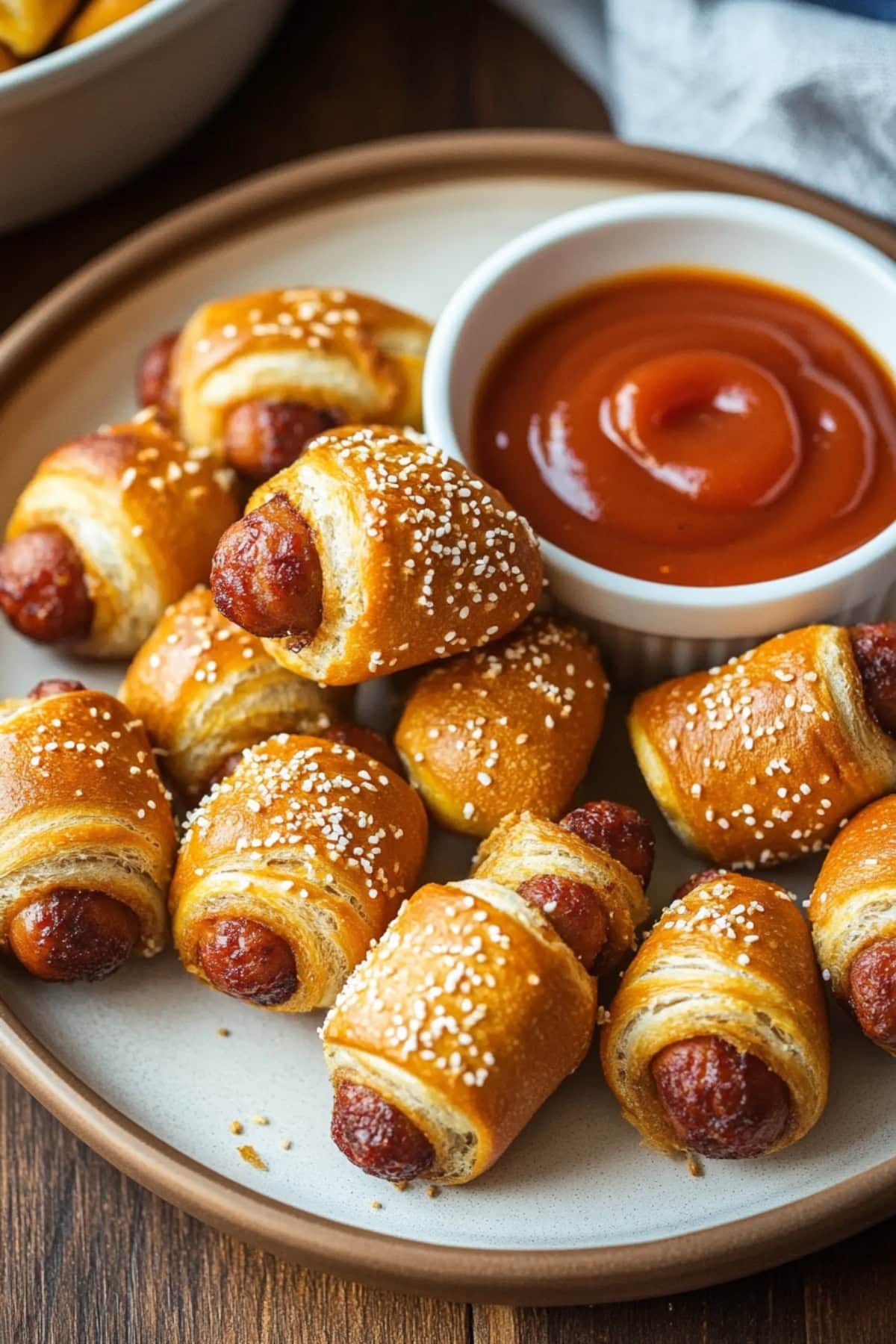 Bunch of pretzel pigs in a blanker served in a plate with ketchup dip on the sides.