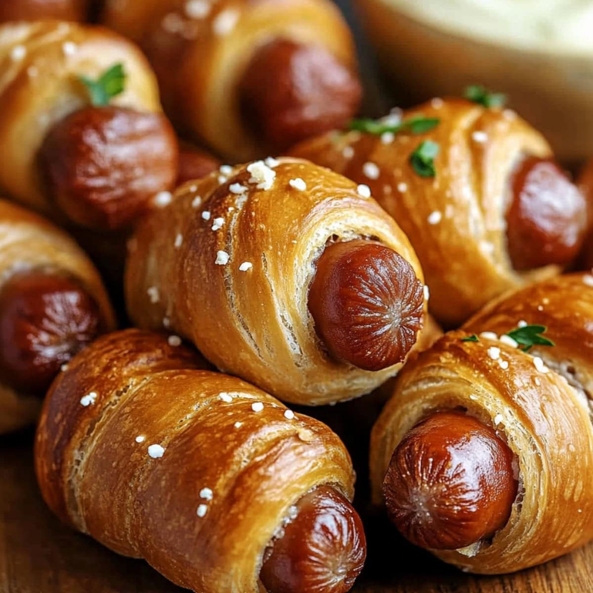 Golden brown bunch of pretzel pigs in a blanket sprinkled with sesame seeds served in a wooden board.