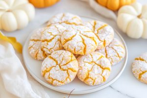 Pumpkin crinkle cookies coated with powdered sugar served in a white plate.