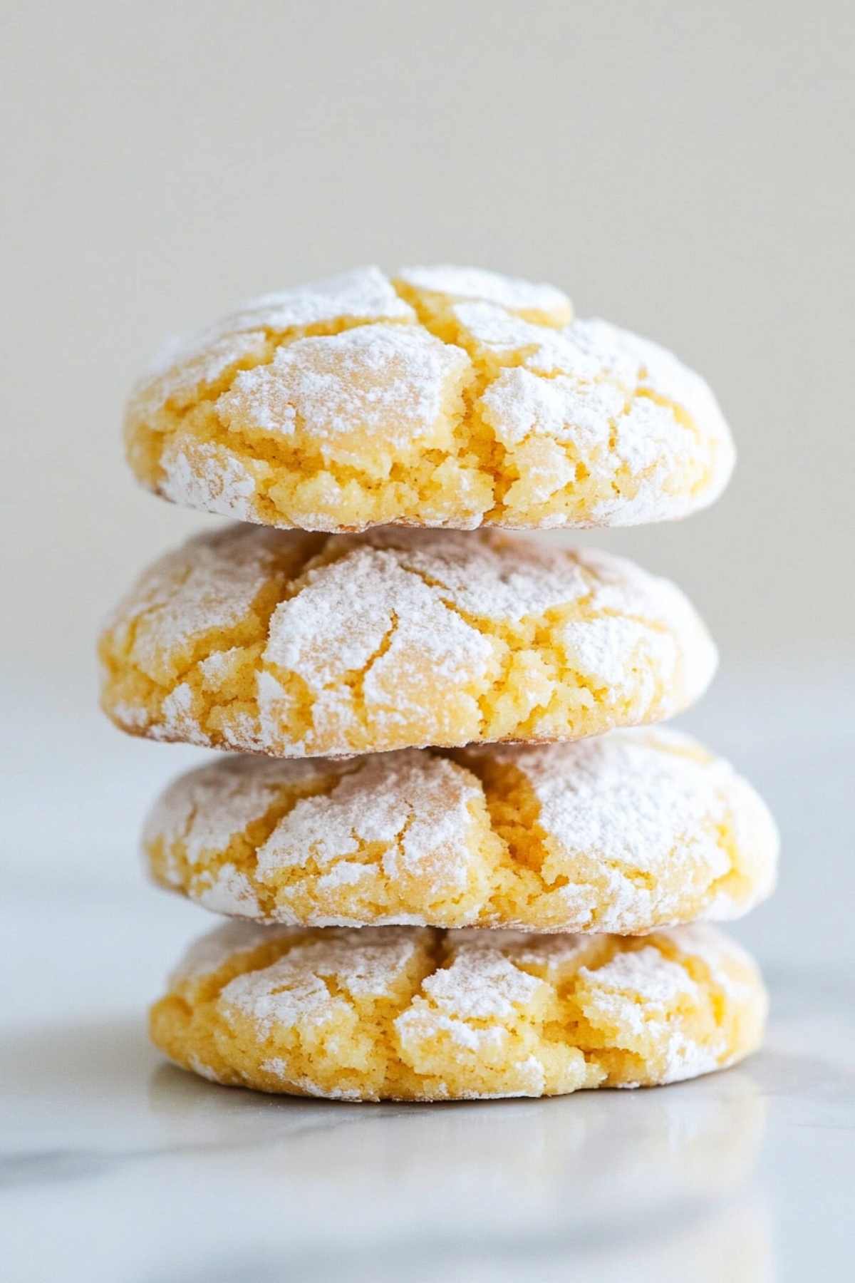 Pumpkin crinkle cookies stacked on top of each other in a white marble table.