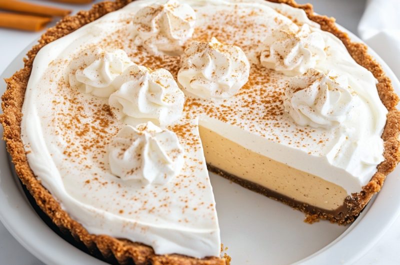 Sliced pumpkin mousse pie with whipped cream and ground cinnamon.