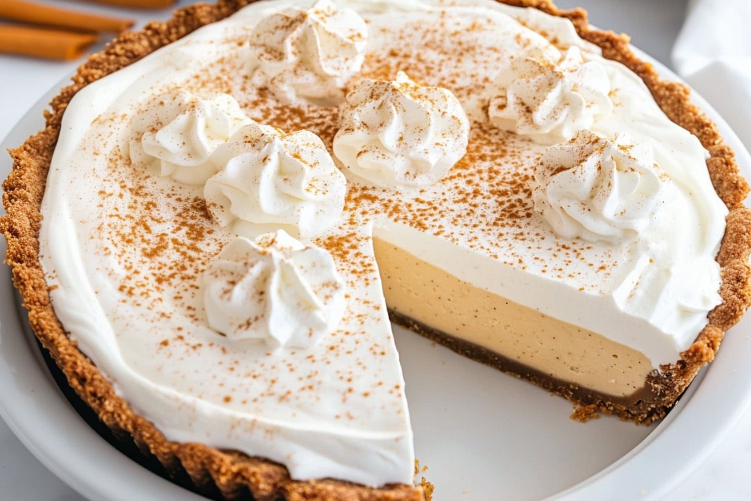 Sliced pumpkin mousse pie with whipped cream and ground cinnamon.