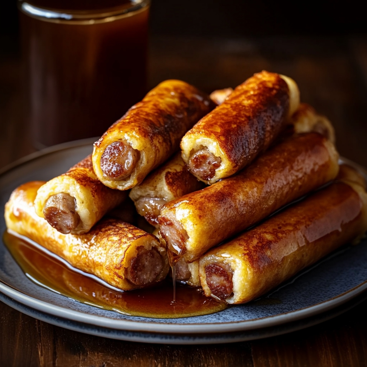 Sausage French toast roll ups served in a plate drizzled with maple syrup.