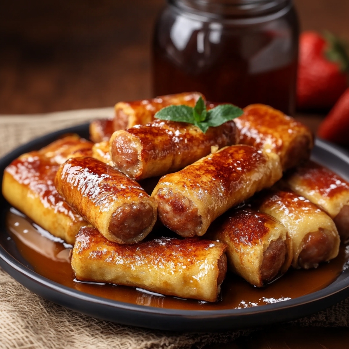 French toast rolled with sausage filling drizzled with maple syrup served in a brown plate.