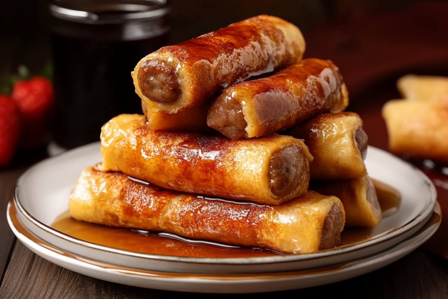 Bunch of sausage French roast roll ups stacked on top of each other in a plate drizzled with maple syrup.